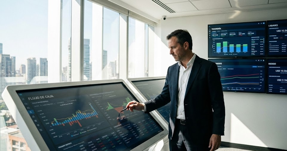 Profesional ejecutivo de transformación digital analizando gráficos de flujo de caja y métricas de tesorería en una oficina moderna con pantallas mostrando dashboards financieros y datos en tiempo real