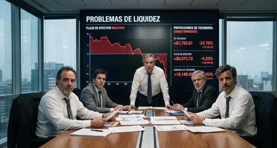 Sala de juntas corporativa con ejecutivos financieros analizando informes de problemas de liquidez, gráficos de flujo de efectivo negativo y proyecciones de tesorería preocupantes en una pantalla grande