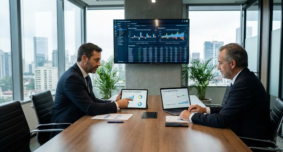 Consultor financiero profesional en reunión con directivo empresarial revisando informes de tesorería digitales en tablet y laptop, ambiente de oficina corporativa moderna con gráficos de análisis de flujo de efectivo
